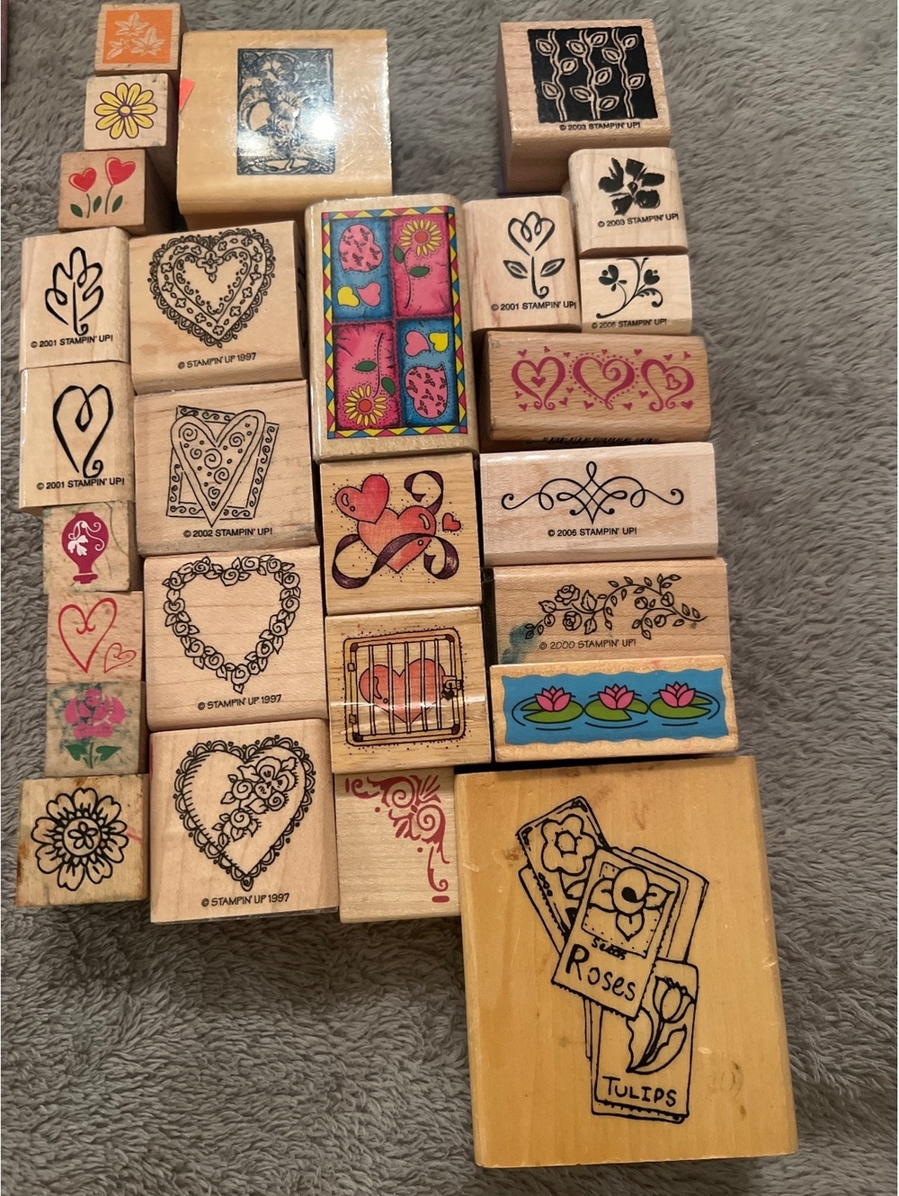 Stampin' Up! Wood Mounted Rubber Stamps Lot of 27 Floral and Heart Designs